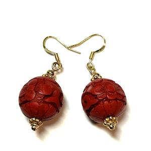 Red Silver or Gold Dangle Earrings. Carved Large Genuine Cinnabar. Oriental Style earrings. Unique Handmade Jewelry gift. Red drop earrings.