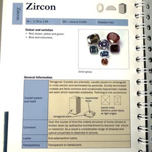 May include: Open page from a gemology handbook, featuring the title "Zircon" and a variety of zircon gemstones in different colors. The page includes technical details, diagrams, and the text "Practical Gemmology Handbook".