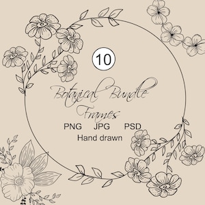 May include: A beige background with a black floral design. The design includes a circular frame with hand-drawn flowers and leaves. The text "Botanical Bundle Frames" is written in cursive, with "PNG JPG PSD" and "Hand drawn" below.