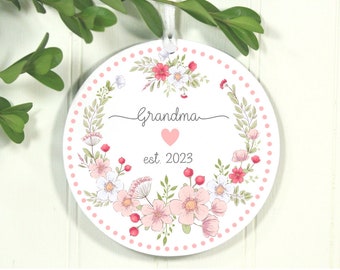 New Grandma Ornament, First Christmas As Grandma, Grandma Pink Floral Laurel Est 2023,  Exclusive 3.5" Christmas Ornament