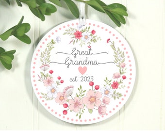 New Great Grandma Ornament, 1st Christmas As Great Grandma,  Great Grandma Pink Floral Laurel Est 2023,  Exclusive 3.5"  Christmas Ornament