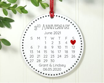 Personalized Anniversary Ornament, 3 Year Anniversary Gift, Spouse Gift, Keepsake Calendar Ornament, Exclusive 3.5" Christmas Ornament