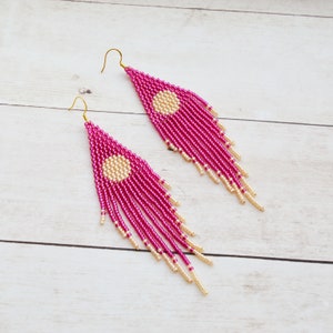 Sun Long beaded earrings pink cream Fringe earrings Seed bead earrings  Gift For Her