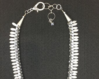 Kumihimo Dagger Necklace: Hammered Silver Glass Beads, Adjustable Choker