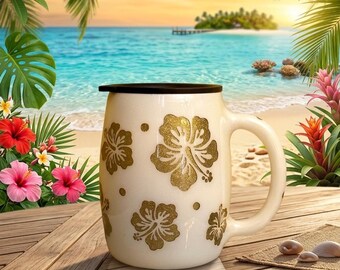 Elegant Hibiscus 10 oz coffee mug/ white and gold glitter