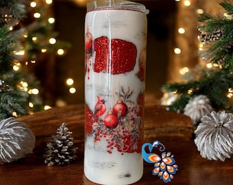 Christmas Cardinal Tumbler • Red Glitter Ornament, 20oz Insulated Mug