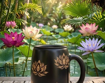 Gold glitter Lotus Flower glossy 10oz travel mug with lid. Ready to ship