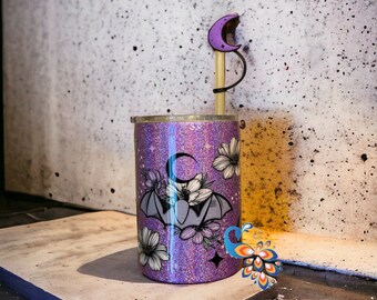 Bat & Flowers Purple Glitter Tumbler: Handmade Epoxy Stainless Steel Cup