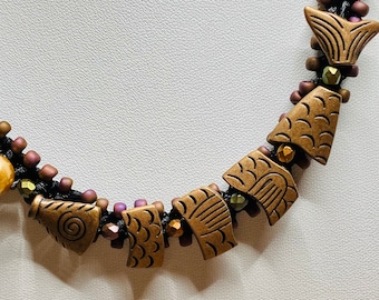 Copper or Silver Fish and Pearl flat necklace, braided