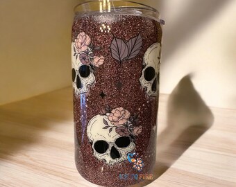 Skull & Pink Flowers Tumbler: Purple Glitter Stainless Steel, 14 oz