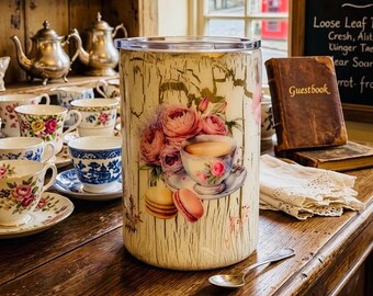 Shabby Chic vintage style rose 10 oz shortie stainless steel tumbler, white and gold crackle