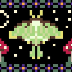 May include: A pixel art design featuring a green luna moth with yellow accents, two red mushrooms with white spots, and a crescent moon with white stars on a black background.