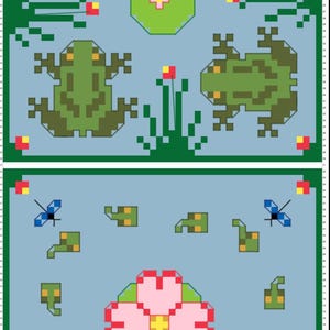 Könnte beinhalten: Ein Pixel-Art-Design mit zwei Reihen von Bildern. Die obere Reihe zeigt vier grüne Frösche auf blauem Hintergrund mit grünen Seerosen und roten Blumen. Die untere Reihe zeigt eine rosa Blume mit grünen Blättern und blauen Libellen auf hellblauem Hintergrund.
