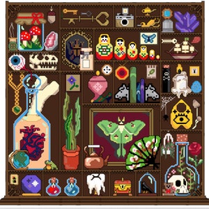 May include: A vintage wooden cabinet with glass shelves filled with various objects, including a skull, a heart, a butterfly, a teapot, a fan, a mushroom, a camera, a key, a necklace, a bone, a plant, a book, a doll, a ship, a spider, a moth, a tooth, a chest, a crow, a frog, a rose, and a jar with a skull inside.