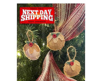 Christmas Mini Round, Burlap Cloth Red Button, Handmade Ornaments, Tree mini Decorations, Set of Four Ornaments Christmas Gifts, Gift Tags