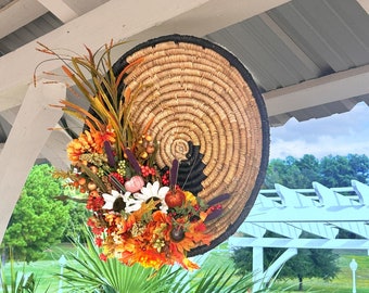 Basket Wreath, for Front Door, Tobacco Basket Wreath, Boho Basket Wreath, Woven Bohemian Floral Wreath, Tabaco Wicker, Farmhouse Round Wall