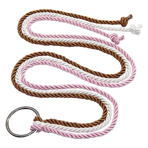 May include: A three-strand braided rope with a silver ring at one end. The rope is brown, white, and pink.