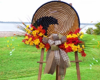 Basket Wreath, for Front Door, Tobacco Basket Wreath, Boho Basket Wreath, Woven Bohemian Floral Wreath, Tabaco Wicker, Farmhouse Round Wall