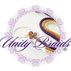 May include: A Unity Braid set with three braided cords in purple, gold, and white. The cords are tied together with a small wooden cross and a white ribbon. The set is displayed in a circle with a decorative border.