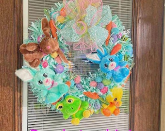 Easter Bunny Wreath Easter fun Swag, Easter Eggs, Stuffed Animals Wreath, Easter Carrots, Bunny Rabbit Wreath, Baby Shower and Nursery Decor