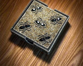 Black Spider Golden Sequins Coaster Set of Four with matching Gold Sequin Coaster Holder, Glam Home Decor, Unique Halloween Set