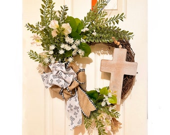 Easter Wreath Cross, Handmade Easter Cross Wreath, Easter Wreath, Mother's Day Gift, Wall Art, Wall Decor, Handmade Home Spring Decor