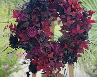 Elegant Halloween, Wreath Black, Red Burgundy Roses, Fancy Wreath, Fall Wreath, Dark Academia Decoration, Dark Cottagecore, Gothic Chic