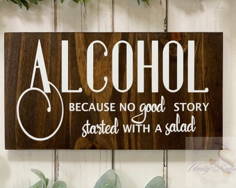 Bar Alcohol Wedding Sign, Rustic Wedding Décor, Wood Wedding Sign, No Love Story Started With A Salad, Funny Bar Reception Sign Drinks