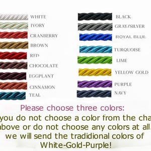 May include: A color chart displaying sixteen twisted cord samples in white, ivory, cranberry, brown, red, chocolate, eggplant, cinnamon, teal, black, gray, royal blue, turquoise, lime, yellow gold, purple, and navy with text instructions.