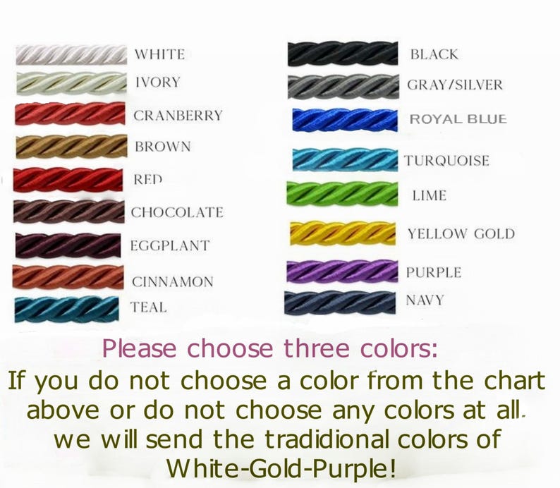 May include: A color chart displaying sixteen twisted cord samples in white, ivory, cranberry, brown, red, chocolate, eggplant, cinnamon, teal, black, gray, royal blue, turquoise, lime, yellow gold, purple, and navy with text instructions.