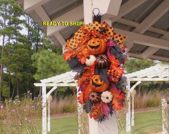 Halloween Door Swag, Creepy Pumpkins, Orange and Black, Spooky Creepy Pumpkins, Door Swag Decor, Spiders Orange Ribbon, Haunted House Swag