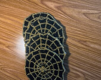 Black & Gold Spider Halloween Beaded Coasters Set Of 4, Elegant Handmade Drink Coasters, Glamorous Table decor, Unique Housewarming Gift