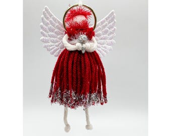 Handmade Angel Yarn Ornament, Christmas Angel Doll, Red X-Mas Angel, Angel with Sparkles, Angel with Wings, Country Angel, Shabby Chic Angel