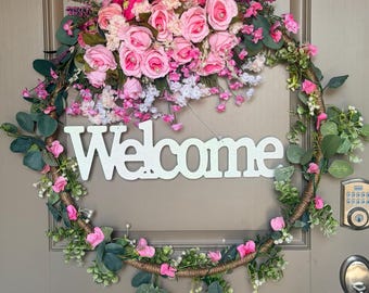 Pink Rose welcome Wreath, Handmade Floral Decor Wreath with Greenery, Romantic Spring Front Door Decor, Farmhouse Cottage.