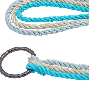 May include: A multi-strand rope leash featuring twisted cords in bright turquoise, light blue, and cream colors. The strands are secured to a circular, dark metallic ring, creating a durable and functional design for pet handling.