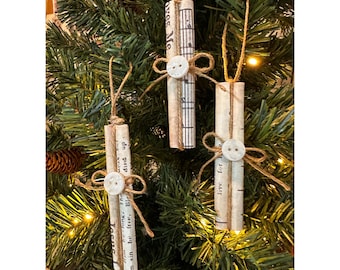 Vintage Christmas Music Scrolls, Primitive Hymns, Set Of Three Handmade X-Mas Ornaments, Holiday Tiered Tray Decor, Farmhouse