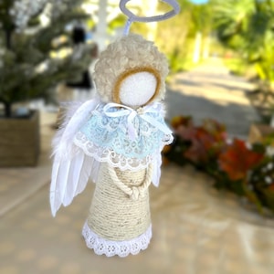Angel Christmas Ornament, Handmade Doll With Blue Lace, White Christmas Angel, Cotton Doll Christmas, Faceless Angel, Doll for Mantle,