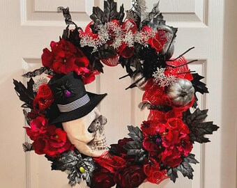 Halloween Creepy Skull Wreath, Red and Black Flowers, Spooky Creepy Skulls, Mantle Wall Decor, Skull Spiders Decoration, Haunted House Swag
