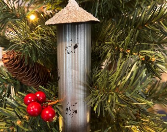 Metal Tower Mill, Rustic Glitter Tower Mill, Primitive X-Mas Tree Decor, Village Christmas Tower, Holiday Tiered Tray, Farmhouse Ornament