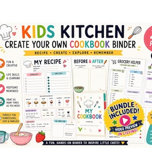 May include: A colorful "Kids Kitchen" cookbook binder with the text "Create Your Own Cookbook Binder". Includes pages for recipes, grocery lists, and experiments. Designed for kids ages 6-12+.