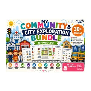 May include: A digital educational bundle titled My Community & City Exploration Bundle for PreK-2nd featuring colorful illustrations of a hospital, fire station, library, and school bus. Includes various activity worksheets, icons, and text.