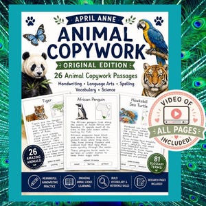 Animal Copywork Original Edition | 26 Animal Science Passages | Homeschool Handwriting, Vocabulary & Research