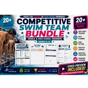 May include: A digital competitive swim team bundle for middle and high school swimmers, featuring over 20 printable pages including a bag checklist, heat sheet tracker, meet planner, goal setting, practice journal, and progress tracking tools.