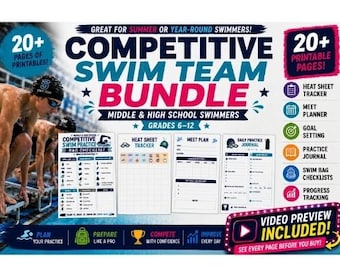 Competitive Swim Team Printable Bundle | Swim Practice Journal | Heat Sheet Tracker | Swim Planner PDF for Middle & High School