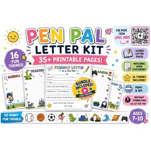 May include: A Pen Pal Letter Kit featuring 35+ printable pages with 16 fun themes for ages 7-10. The kit includes guided letter pages, matching open stationery, and a QR code for more from April Anne. The design displays colourful graphics.