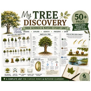 May include: My Tree Discovery Tree Science & Nature Study Unit educational material featuring 50+ pages of diagrams, illustrations of tree parts, seed dispersal methods, and germination processes, including a journal with a leaf and a pencil.