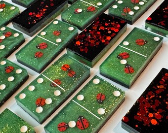 Ladybug Garden Resin Domino Set – Handmade Glitter Dominoes with Ladybugs – Unique Family Game Night Gift – Includes Storage Bag