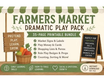 Farm Theme Activities for Preschool | Farmers Market Learning Center | Kindergarten Homeschool Printable | Dramatic Play PDF