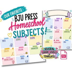 May include: A digital printable document featuring colorful, lined subject templates for BJU Press homeschool curriculum. The pages include sections for Math, Reading, English, Science, Spelling, Handwriting, Heritage Studies, and Bible with icons.