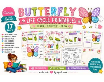 Butterfly Life Cycle Bundle | Editable Canva Template + Printable PDF | Homeschool Science Activities for Kids Spring Learning Unit